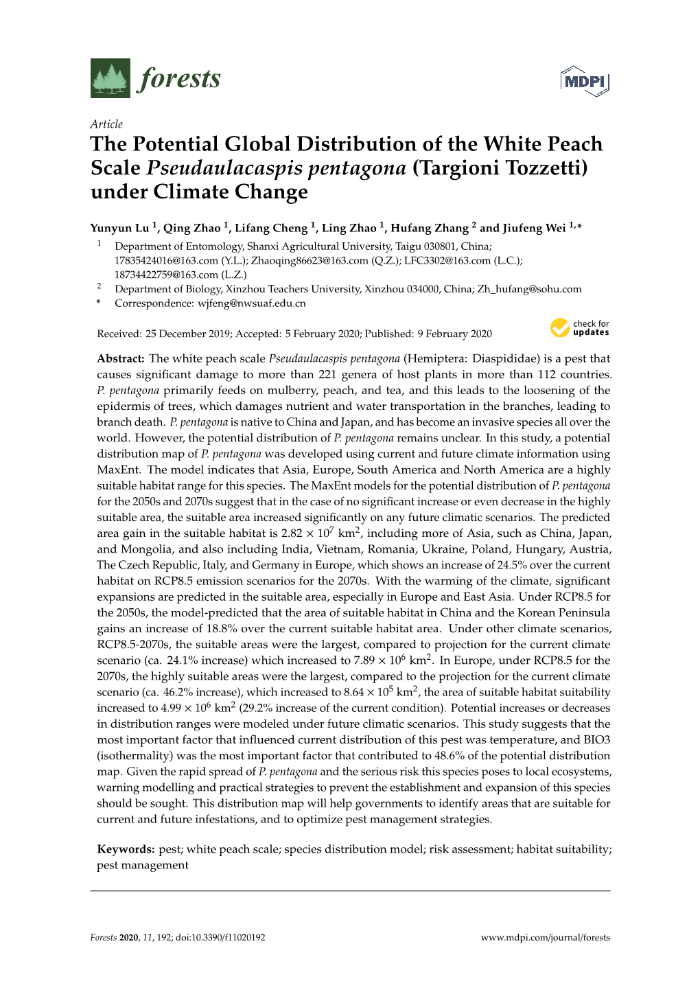 The Potential Global Distribution of the White Peach Scale Pseudaulacaspis Pentagona (Targioni Tozzetti) Under Climate Change