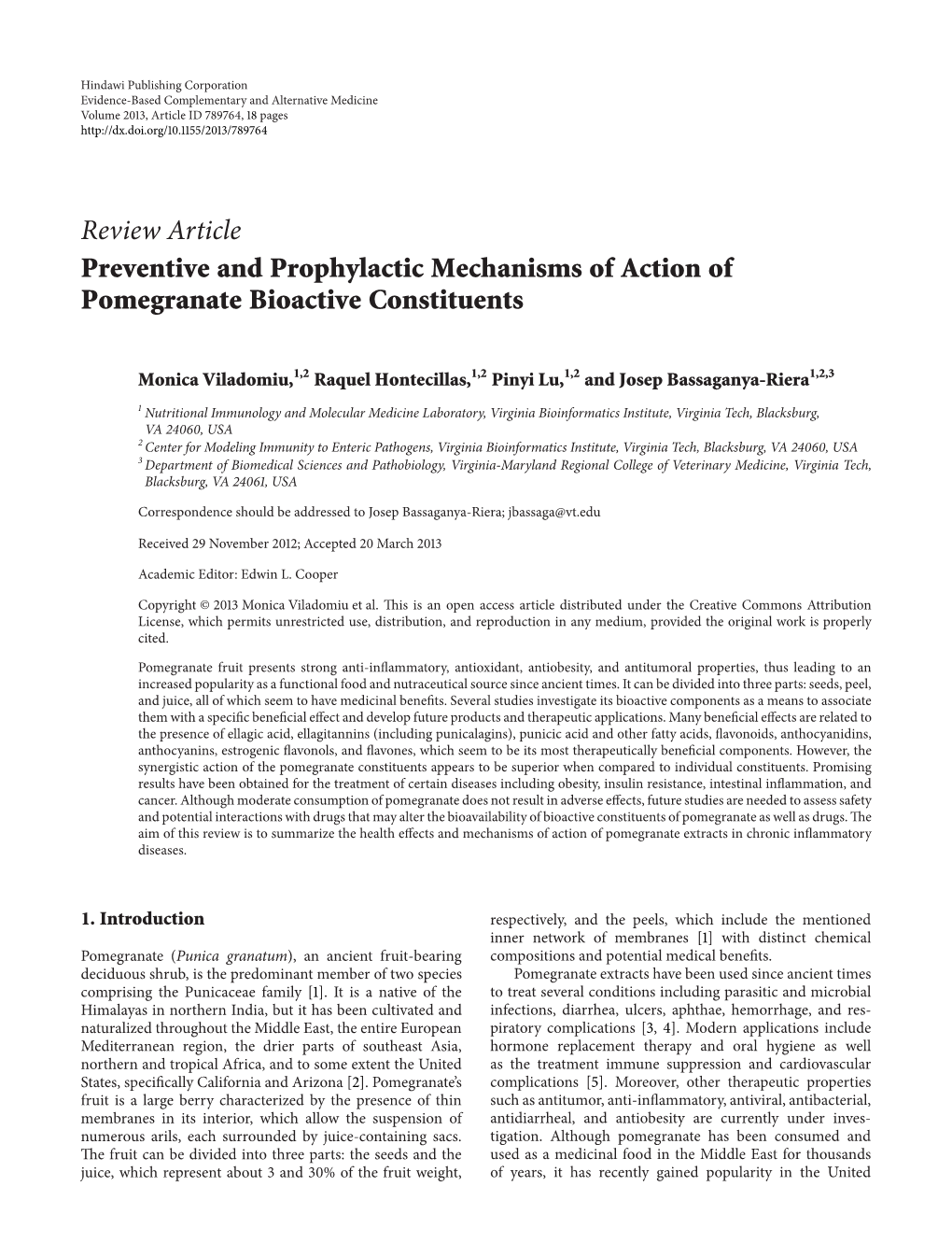 Preventive and Prophylactic Mechanisms of Action of Pomegranate Bioactive Constituents