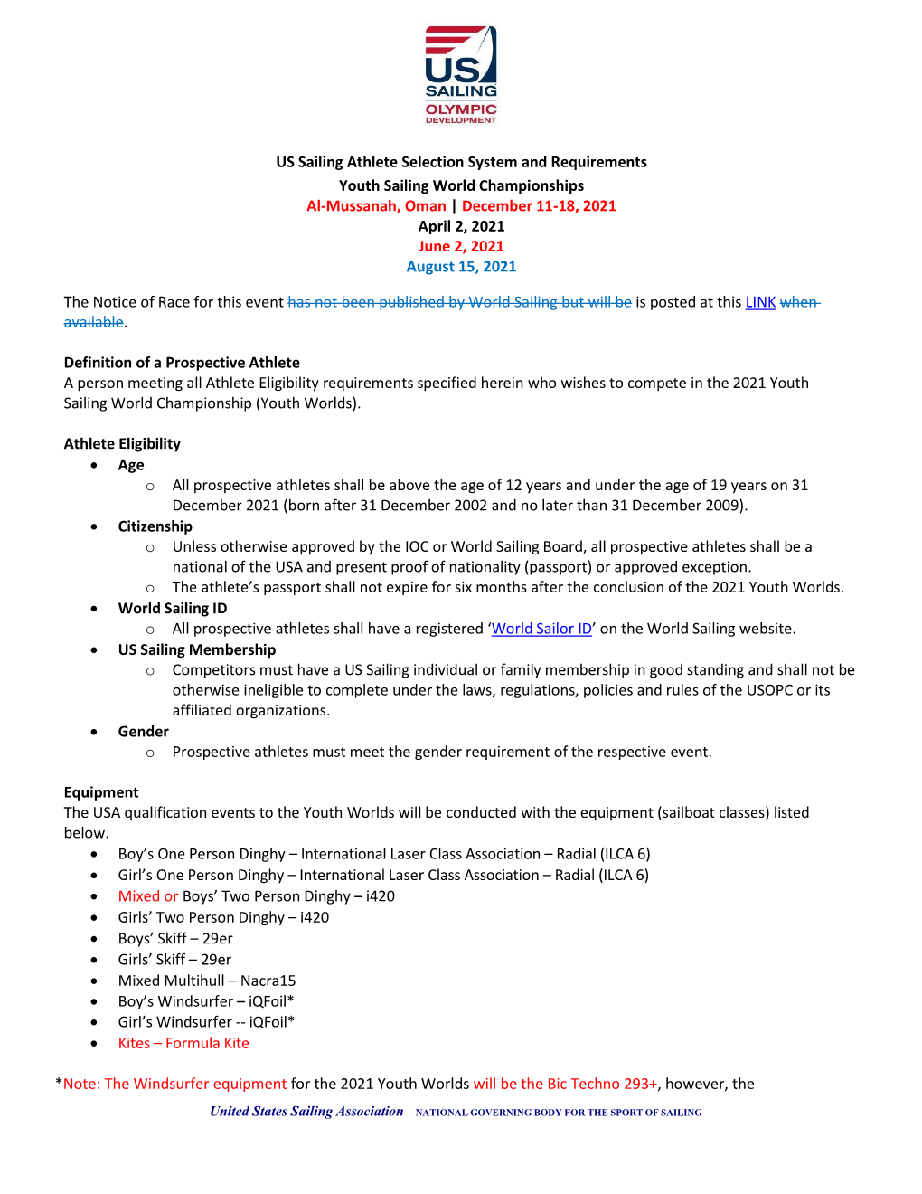 US Sailing Athlete Selection System and Requirements Youth Sailing