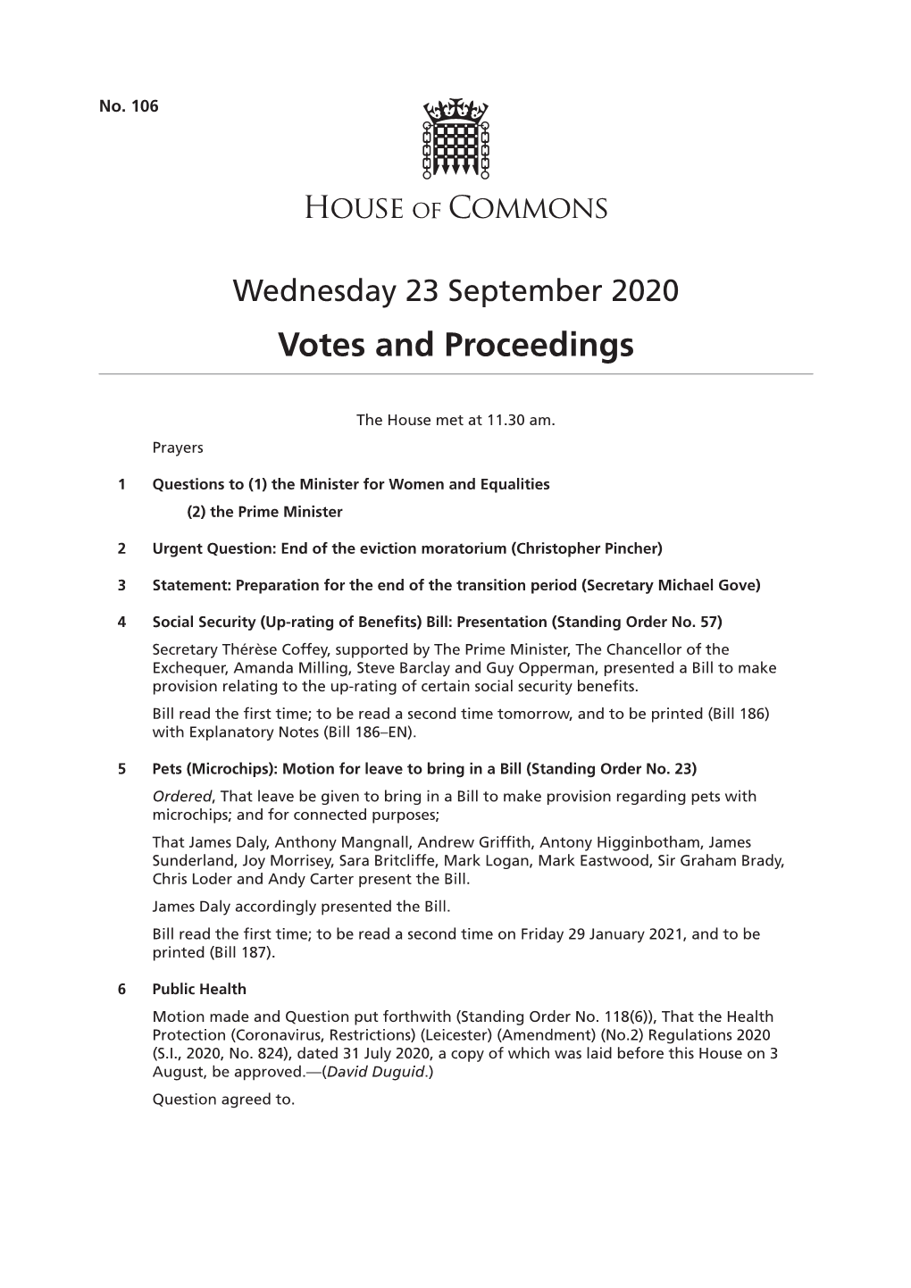 23 September 2020 Votes and Proceedings