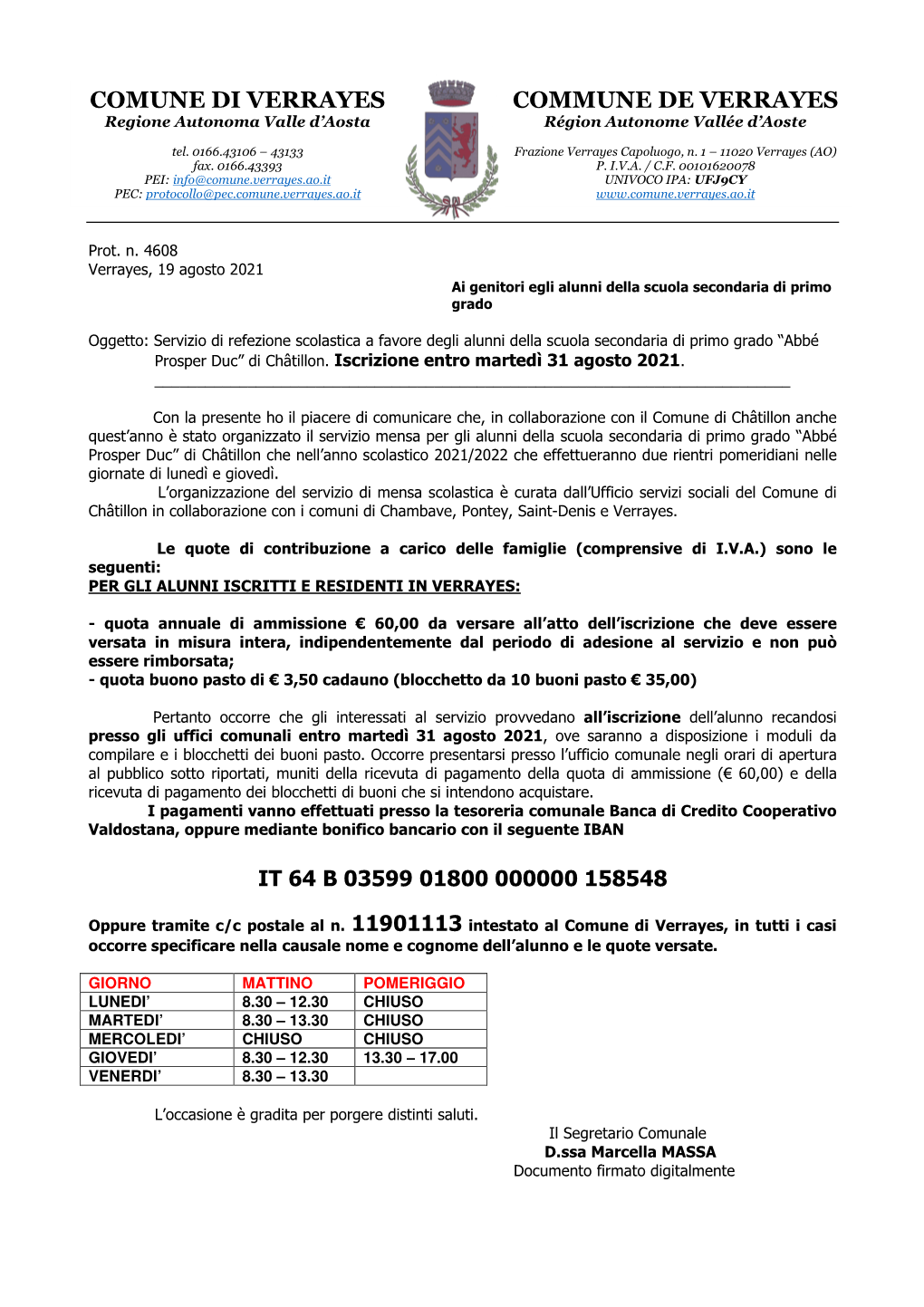 Informazioni Refezione Scuola Secondaria