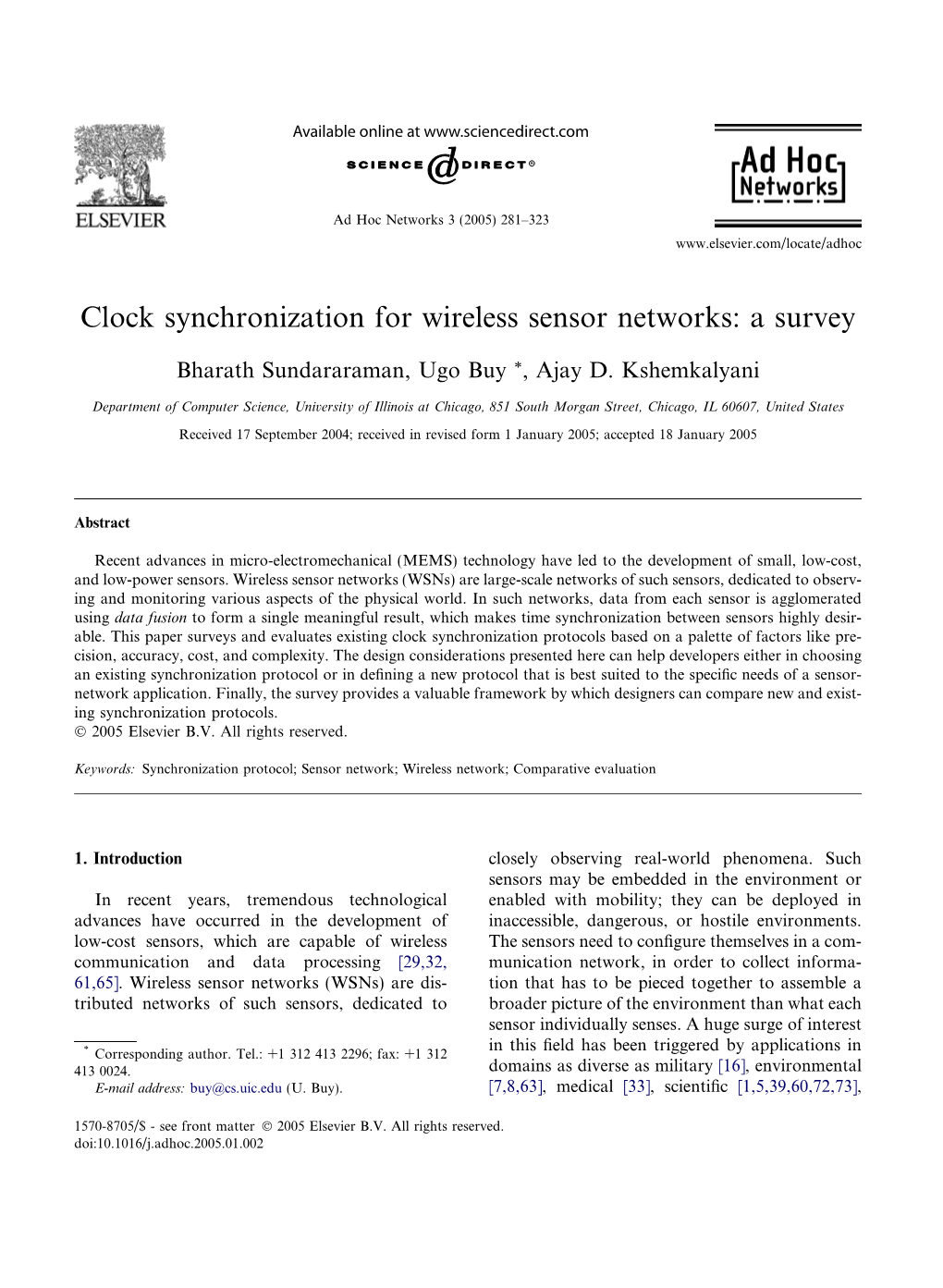 Clock Synchronization for Wireless Sensor Networks: a Survey