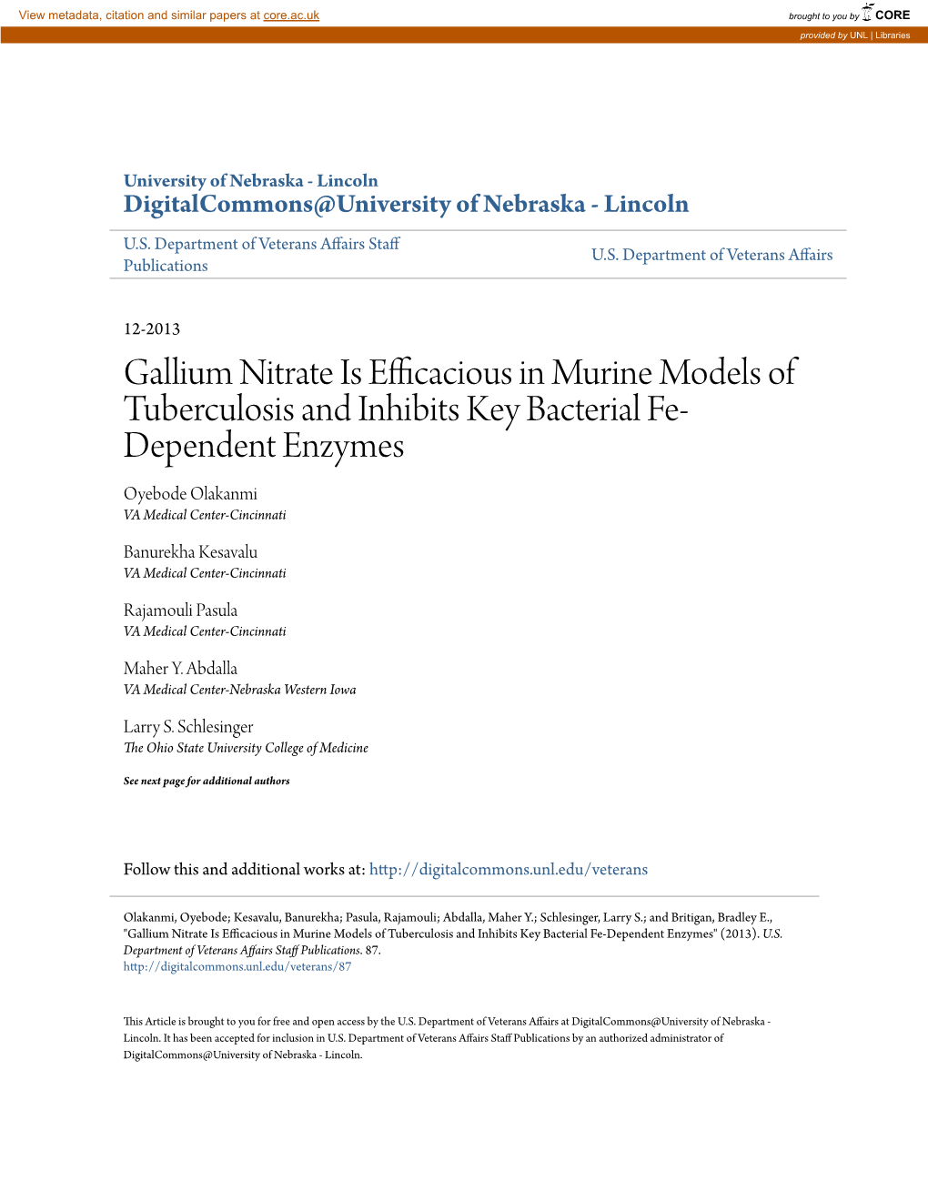 Gallium Nitrate Is Efficacious in Murine Models of Tuberculosis and Inhibits Key Bacterial Fe- Dependent Enzymes Oyebode Olakanmi VA Medical Center-Cincinnati