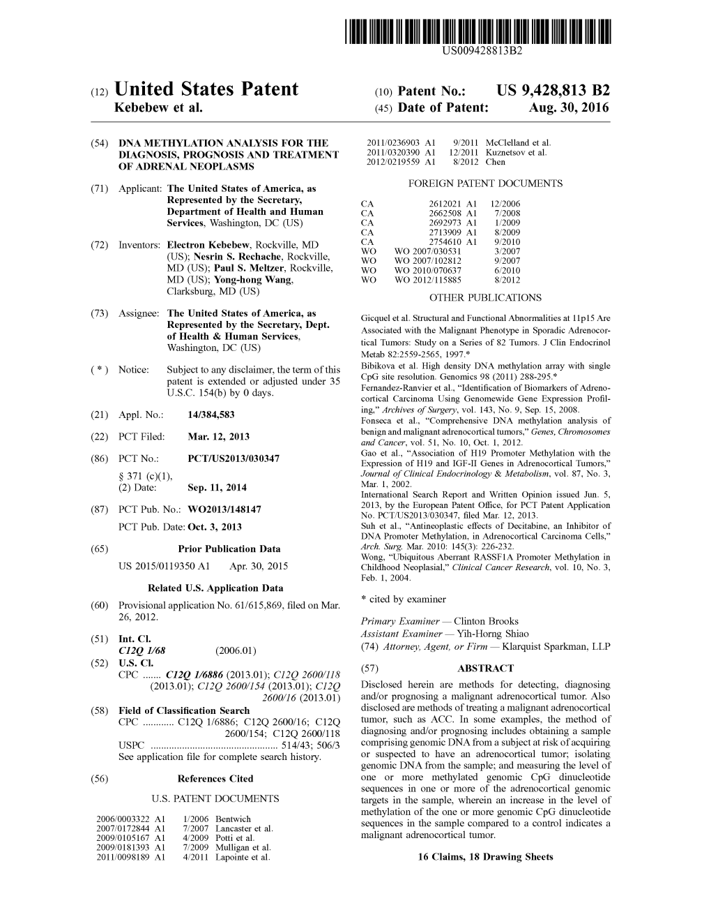 (12) United States Patent (10) Patent No.: US 9.428,813 B2 Kebebew Et Al