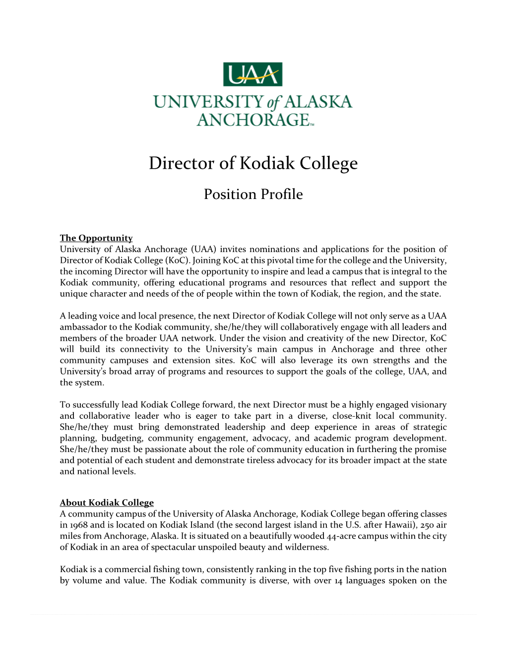 Kodiak College Director Position Description