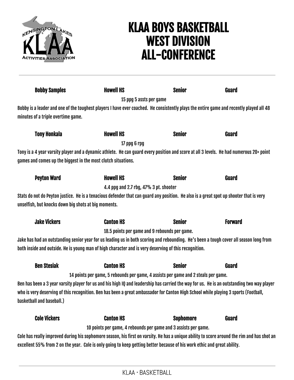 Klaa Boys Basketball West Division All-Conference