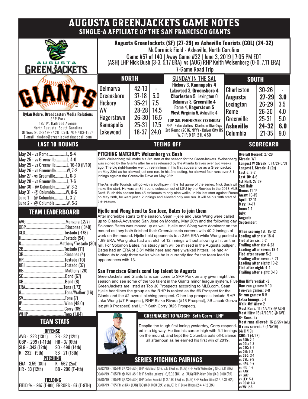 Augusta Greenjackets Game Notes Single-A Affiliate of the San Francisco Giants