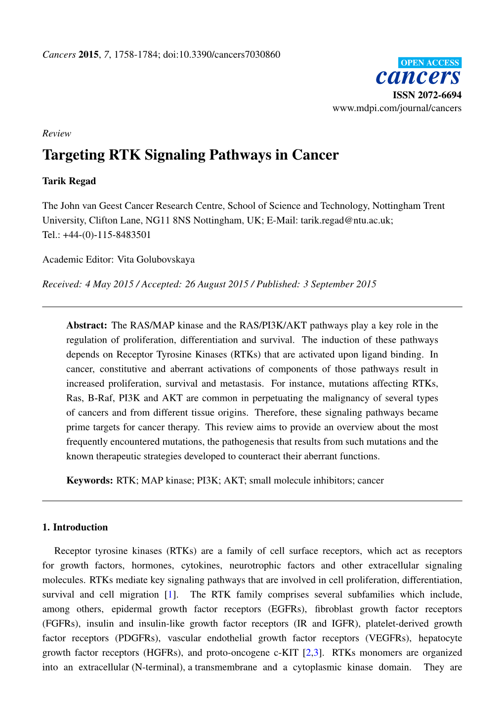 Targeting RTK Signaling Pathways in Cancer