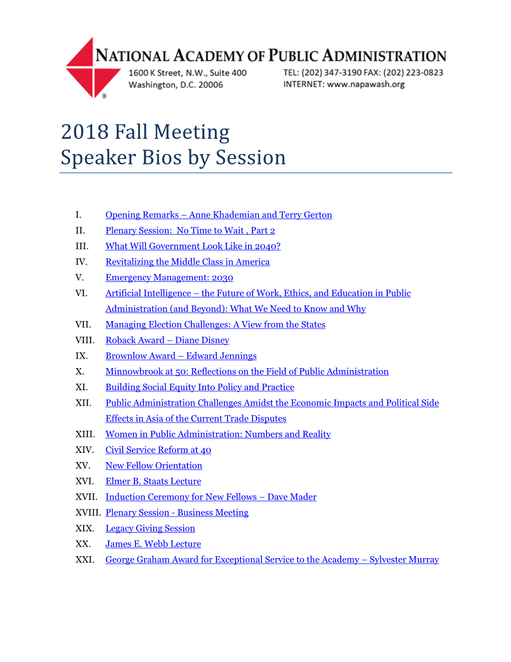 2018 Fall Meeting Speaker Bios by Session