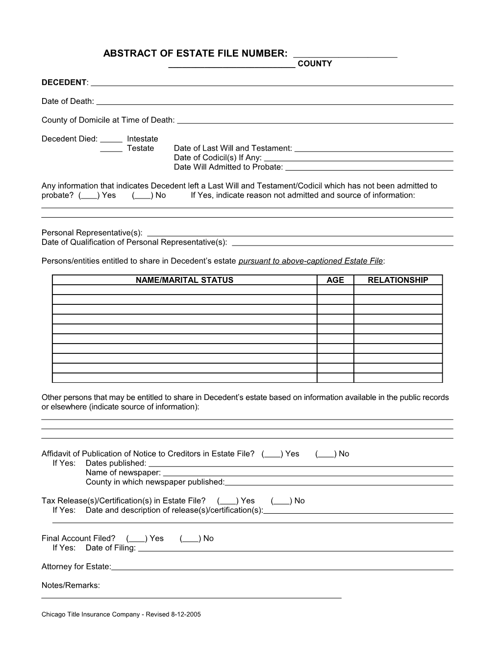 Title Examination-Estate Abstract Sheet