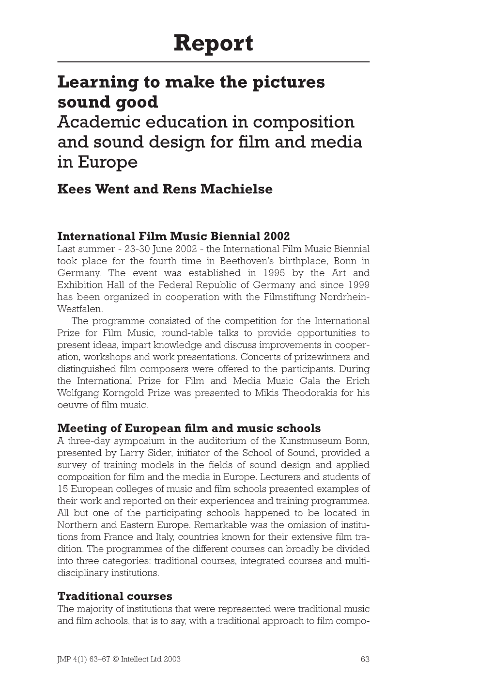 Academic Education in Composition and Sound Design for Film