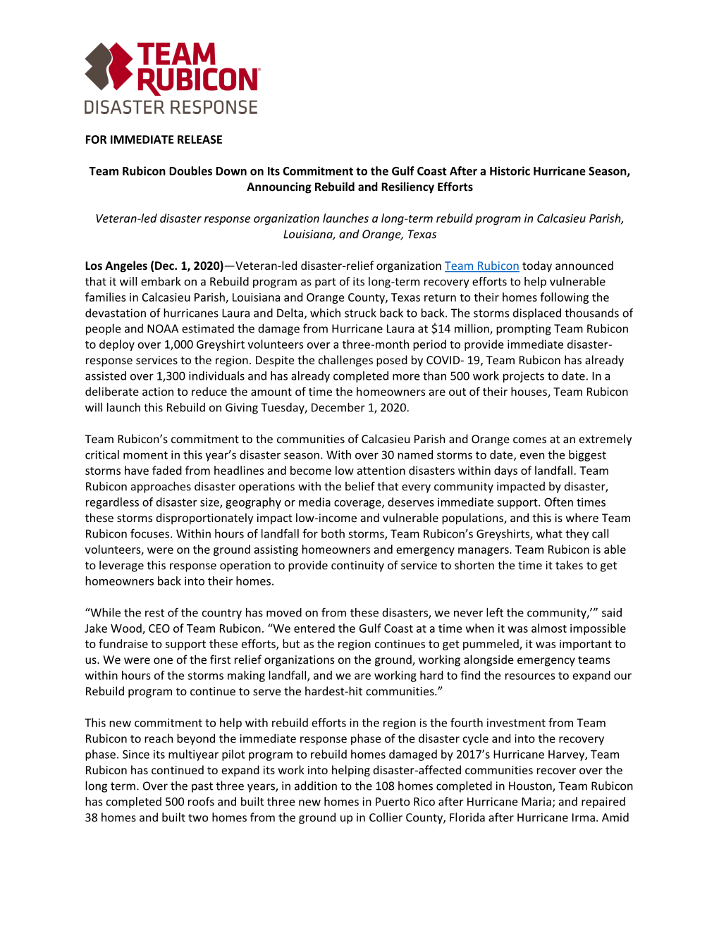 FOR IMMEDIATE RELEASE Team Rubicon Doubles Down on Its