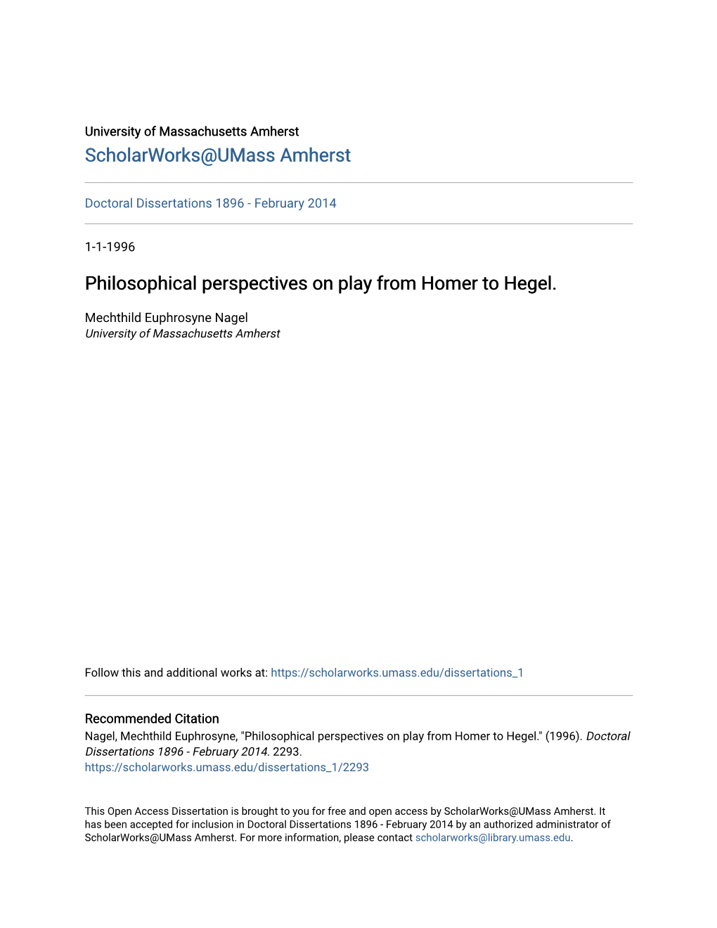 Philosophical Perspectives on Play from Homer to Hegel