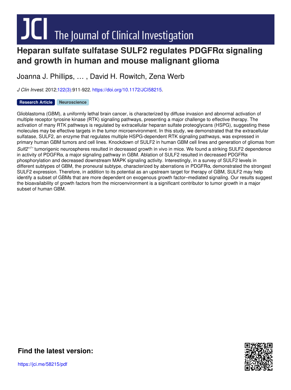 Heparan Sulfate Sulfatase SULF2 Regulates Pdgfrα Signaling and Growth in Human and Mouse Malignant Glioma