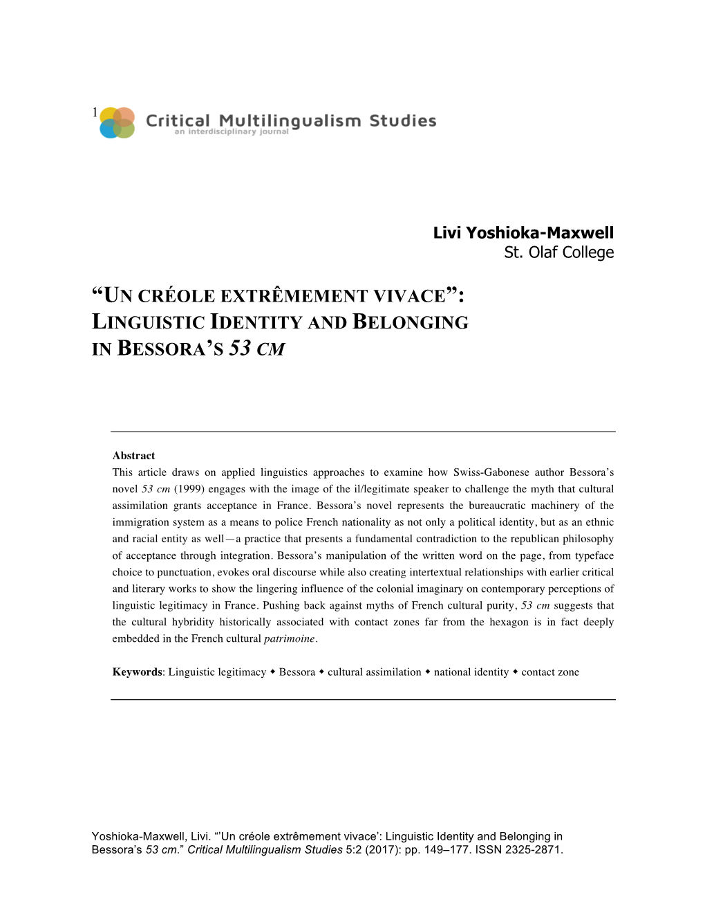 Linguistic Identity and Belonging in Bessora's 53 Cm