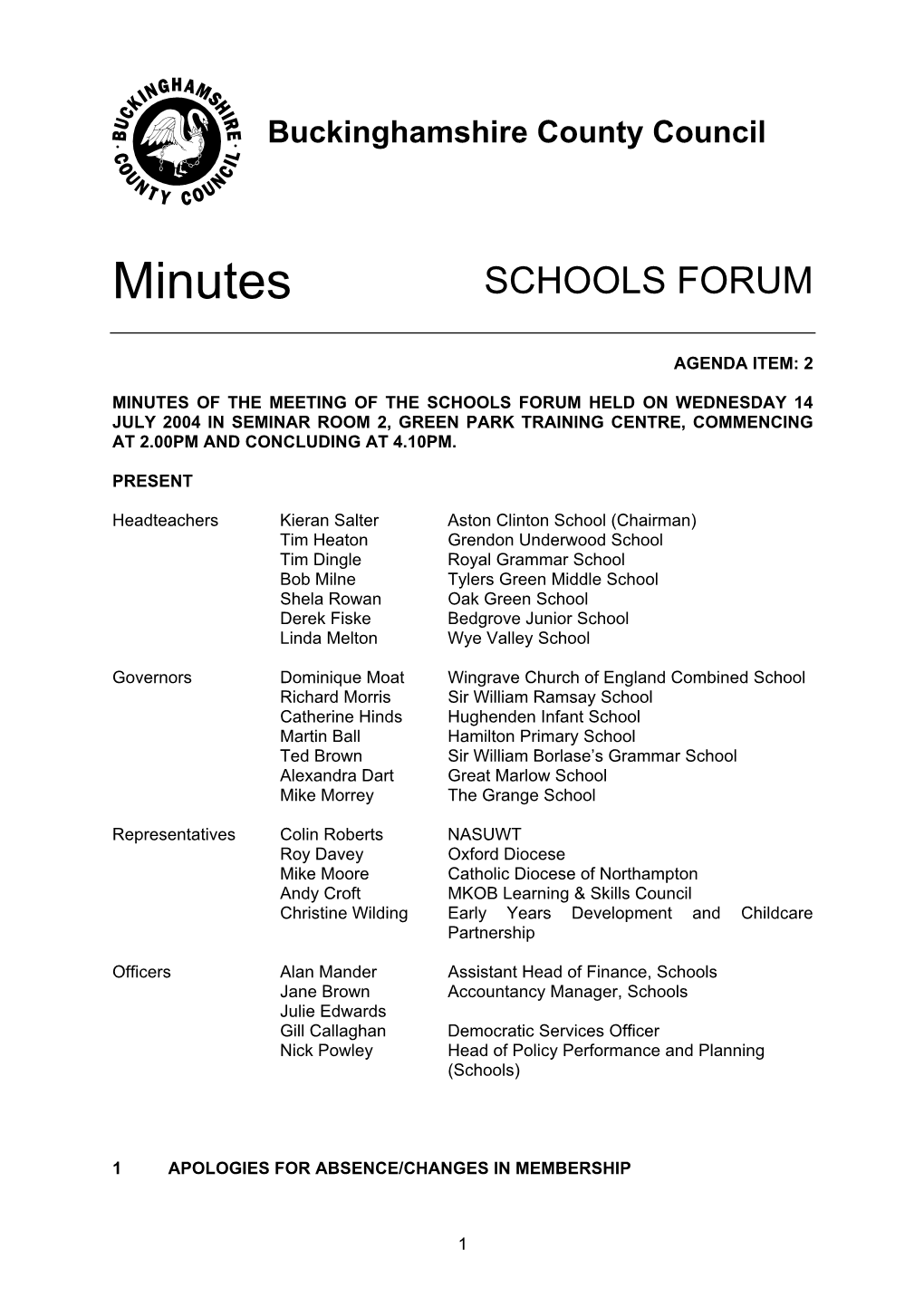 Schools Forum Minutes 14 July 2004