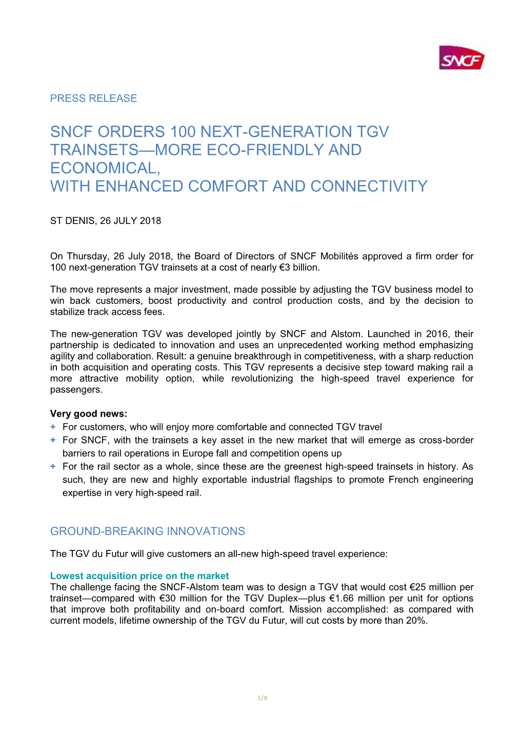 Sncf Orders 100 Next-Generation Tgv Trainsets—More Eco-Friendly and Economical, with Enhanced Comfort and Connectivity