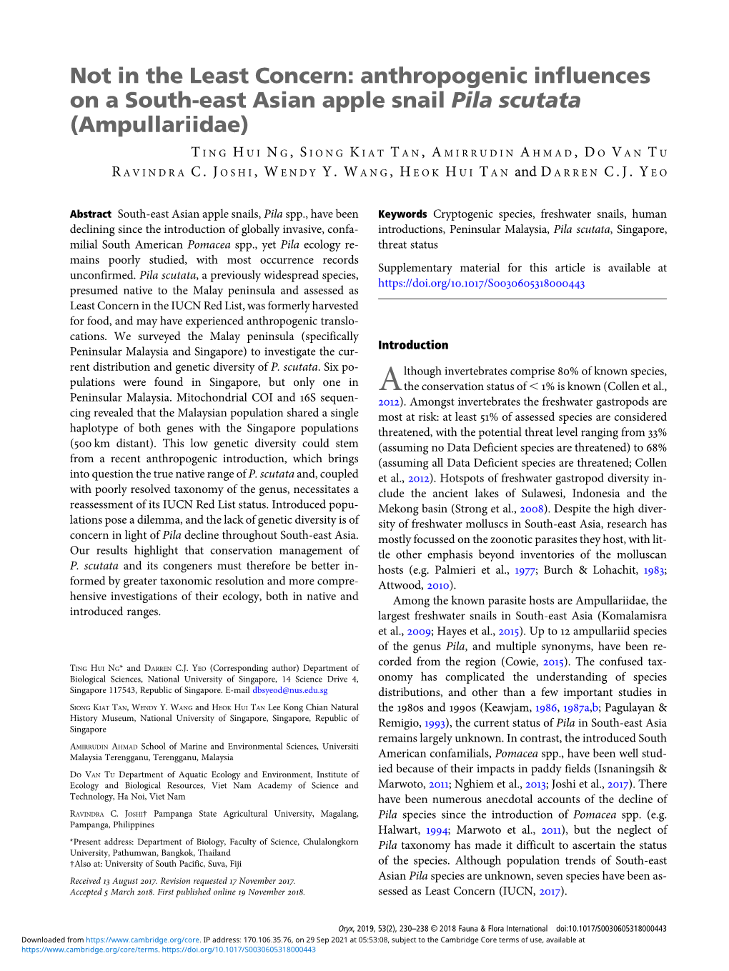 Not in the Least Concern: Anthropogenic Influences on a South-East Asian Apple Snail Pila Scutata (Ampullariidae)