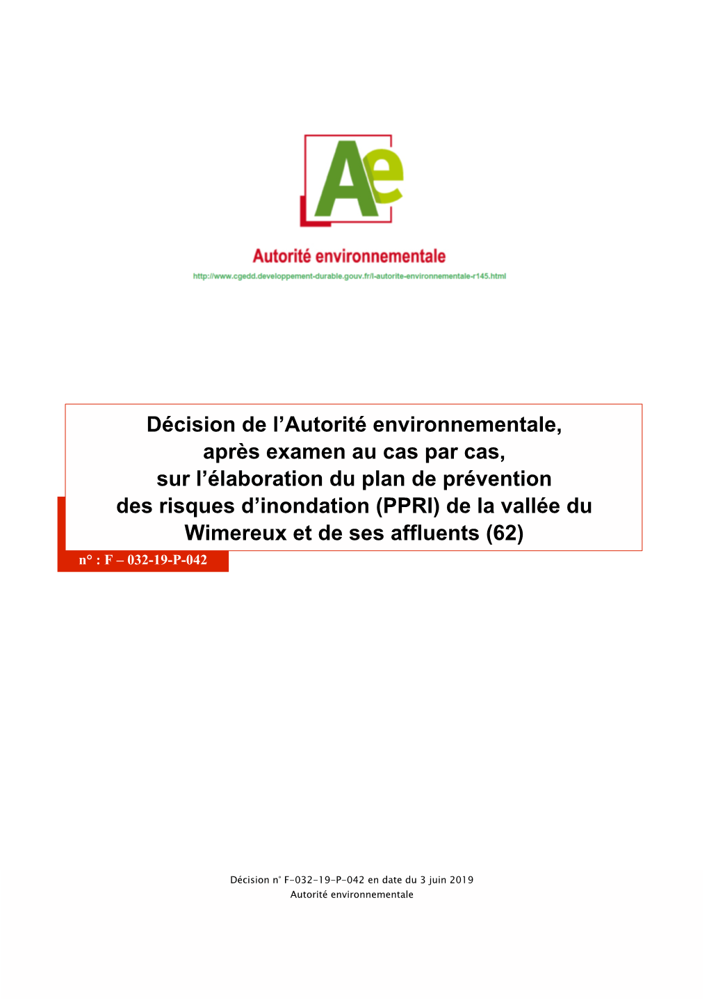 Décision De L'autorité Environnementale, Après Examen Au Cas Par Cas, Sur L'élaboration Du Plan De Prévention Des Ri