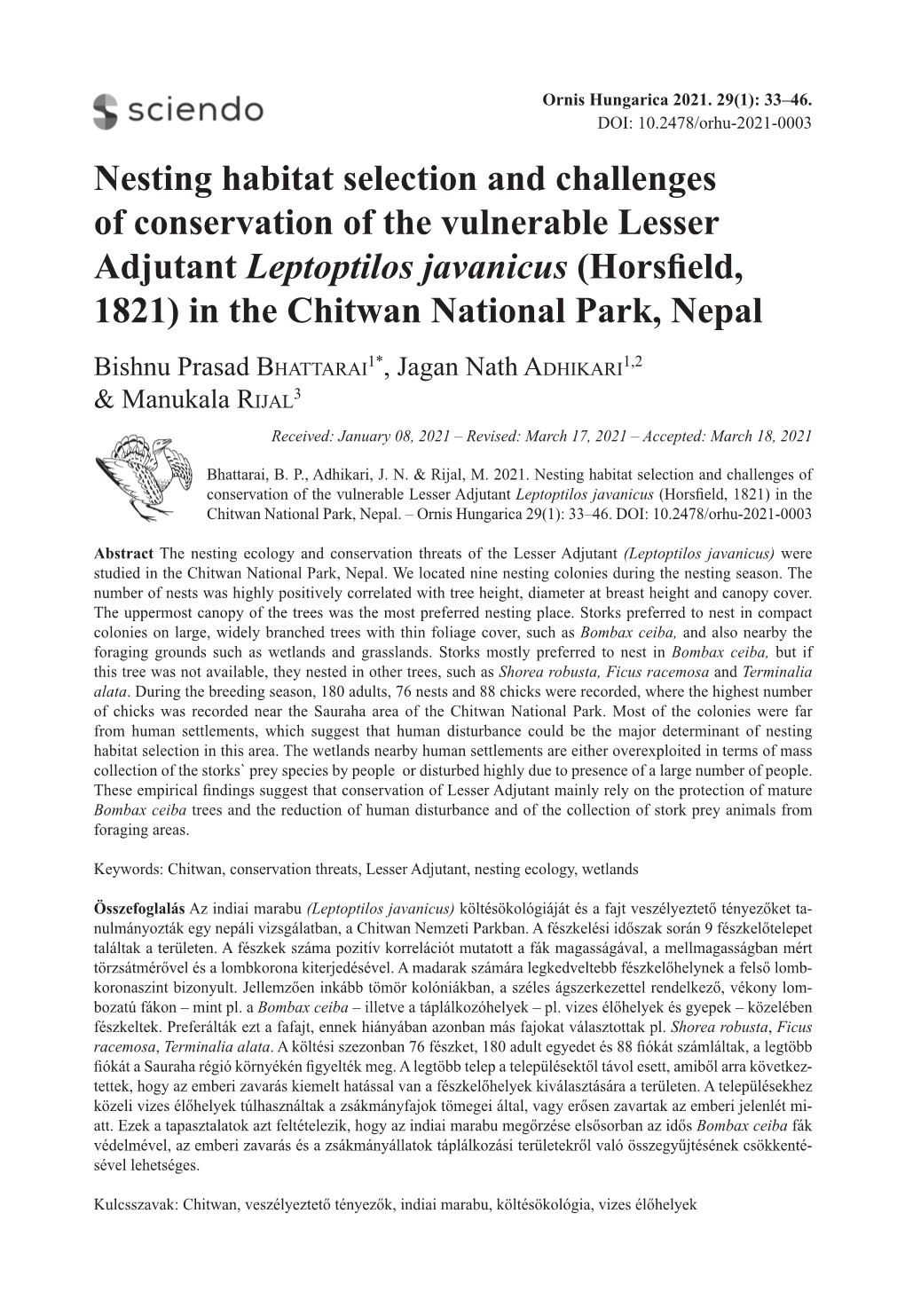 Nesting Habitat Selection and Challenges of Conservation of the Vulnerable Lesser Adjutant Leptoptilos Javanicus (Horsfield, 1821) in the Chitwan National Park, Nepal