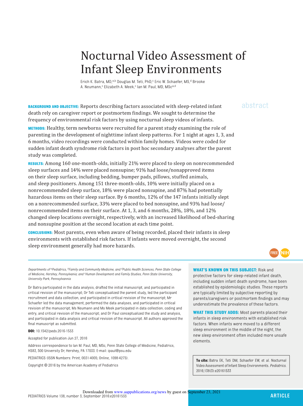 Nocturnal Video Assessment of Infant Sleep Environments Erich K