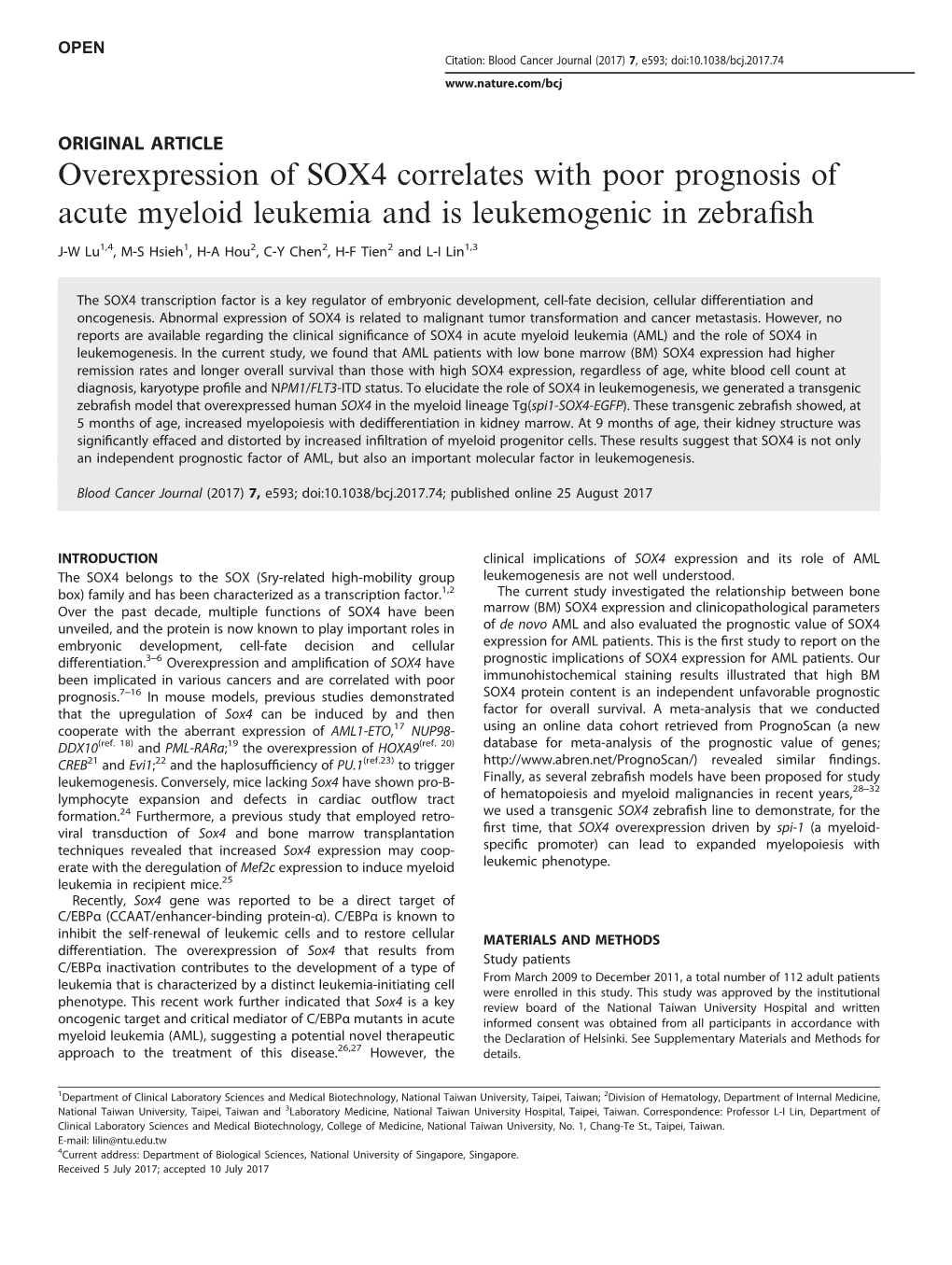 Overexpression of SOX4 Correlates with Poor Prognosis of Acute Myeloid Leukemia and Is Leukemogenic in Zebraﬁsh