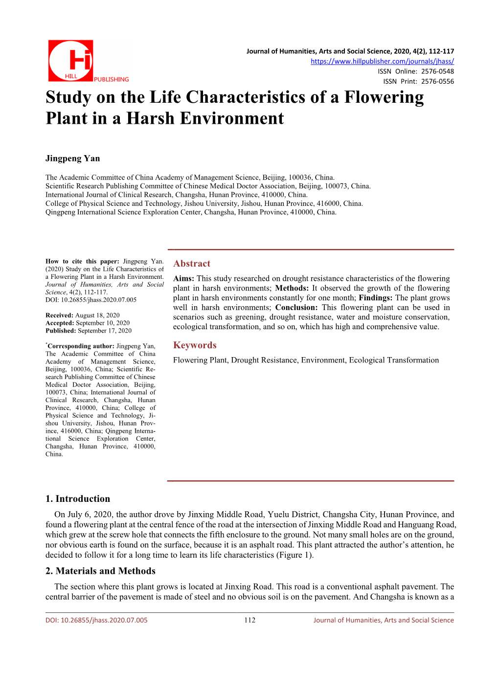 Study on the Life Characteristics of a Flowering Plant in a Harsh Environment