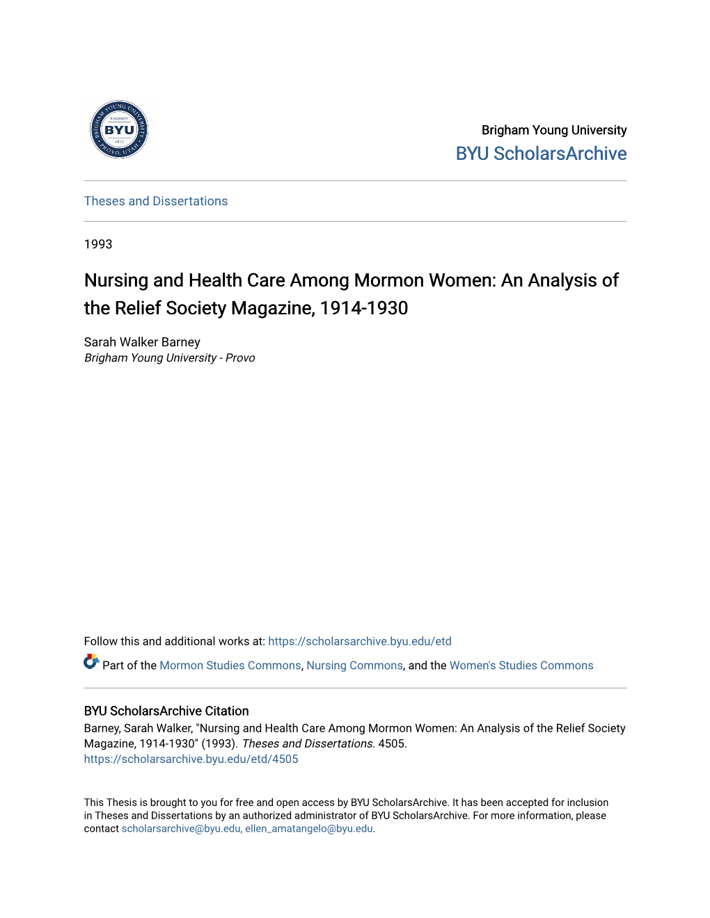 Nursing and Health Care Among Mormon Women: an Analysis of the Relief Society Magazine, 1914-1930