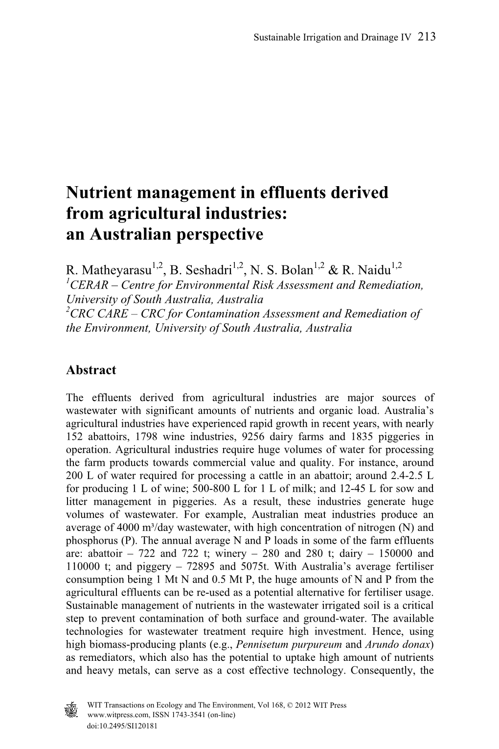 Nutrient Management in Effluents Derived from Agricultural Industries: an Australian Perspective