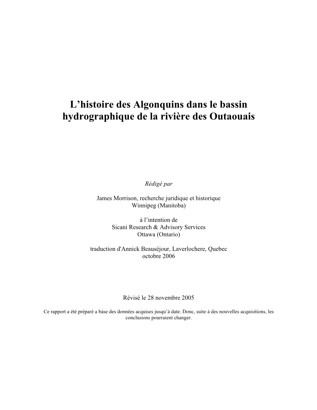 L'histoire Des Algonquins Dans Le Bassin Hydrographique De La Rivière