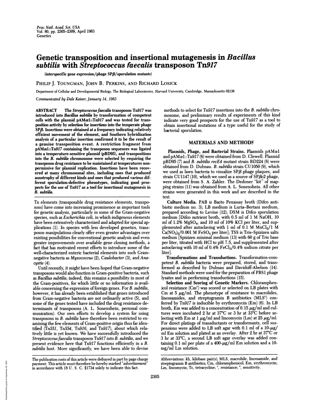 Genetic Transposition and Insertional Mutagenesis in Bacillus Subtilis With