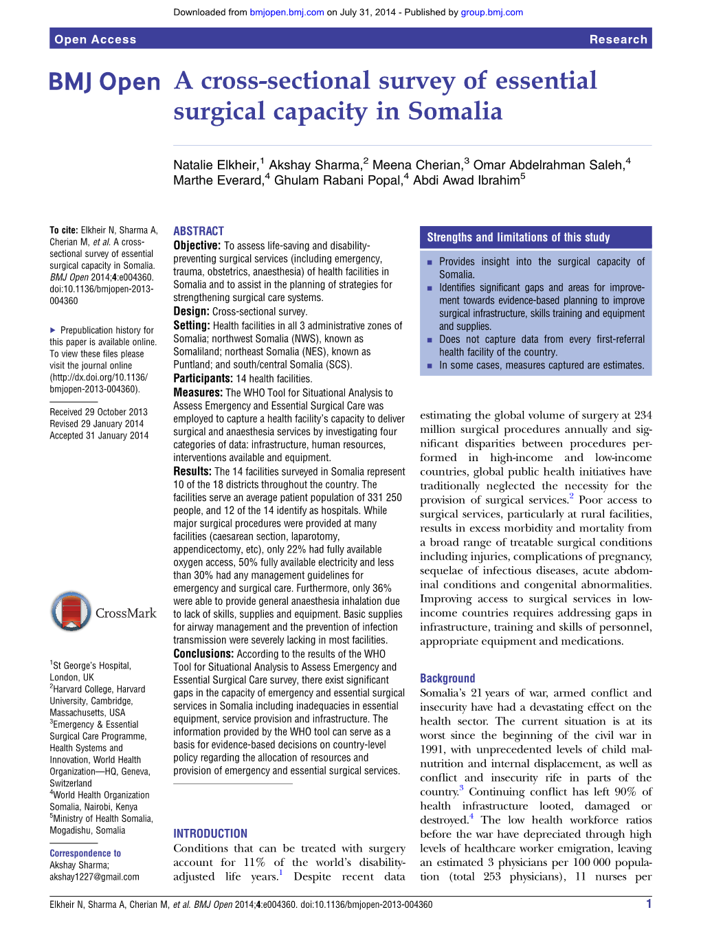 A Cross-Sectional Survey of Essential Surgical Capacity in Somalia