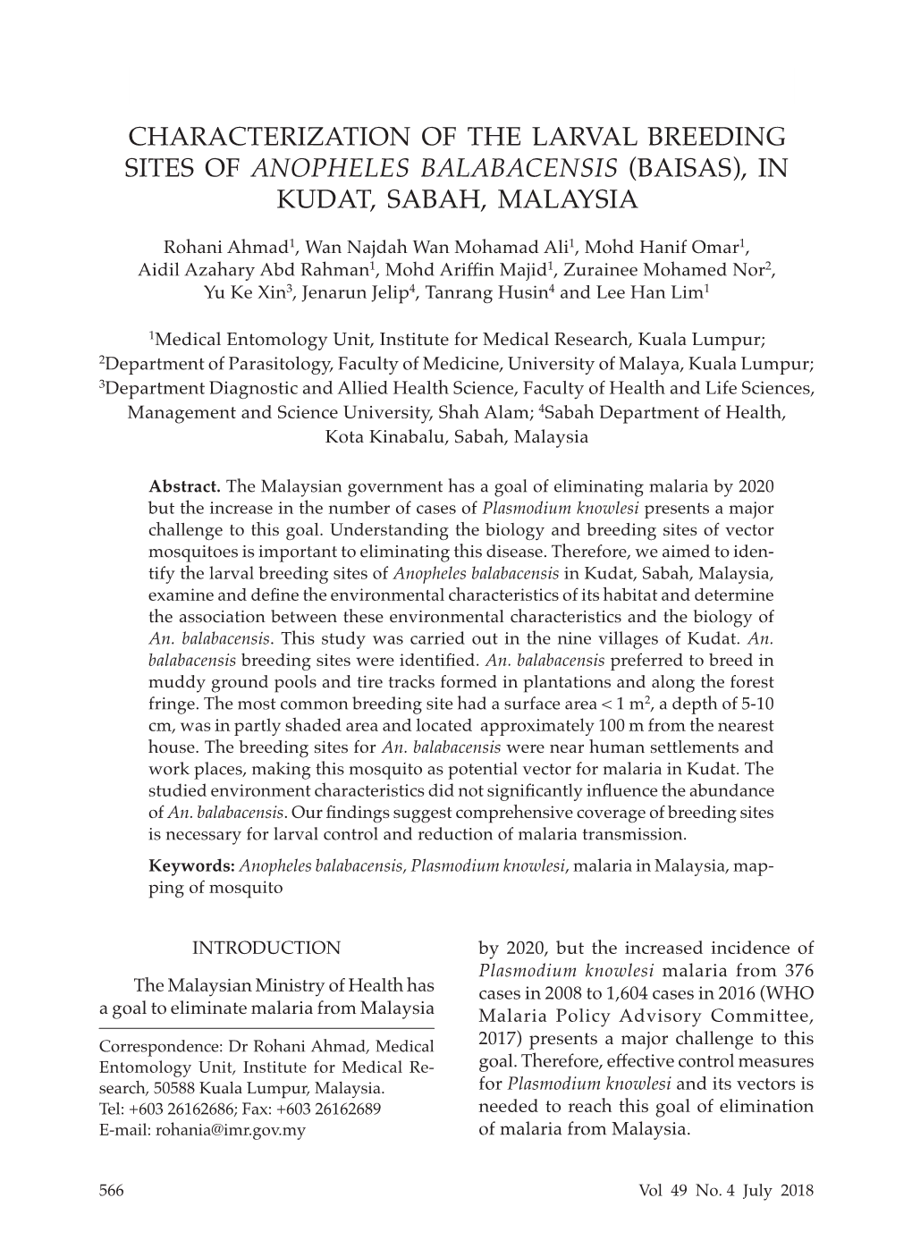 Characterization of the Larval Breeding Sites of Anopheles Balabacensis (Baisas), in Kudat, Sabah, Malaysia