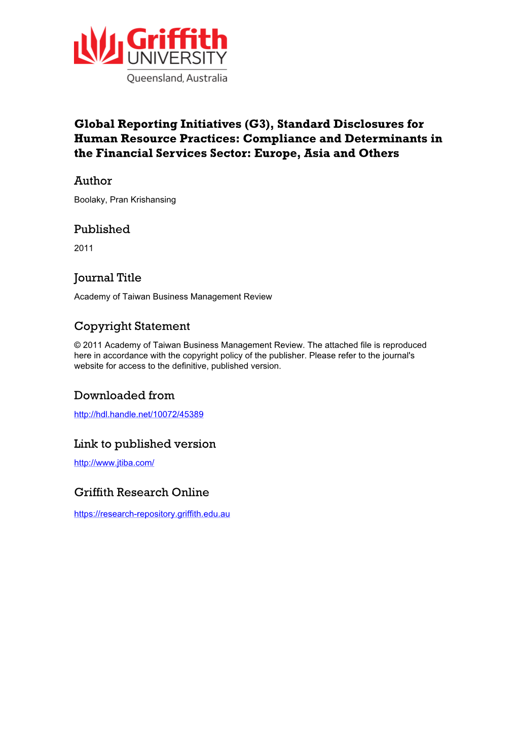 G3), Standard Disclosures for Human Resource Practices: Compliance and Determinants in the Financial Services Sector: Europe, Asia and Others