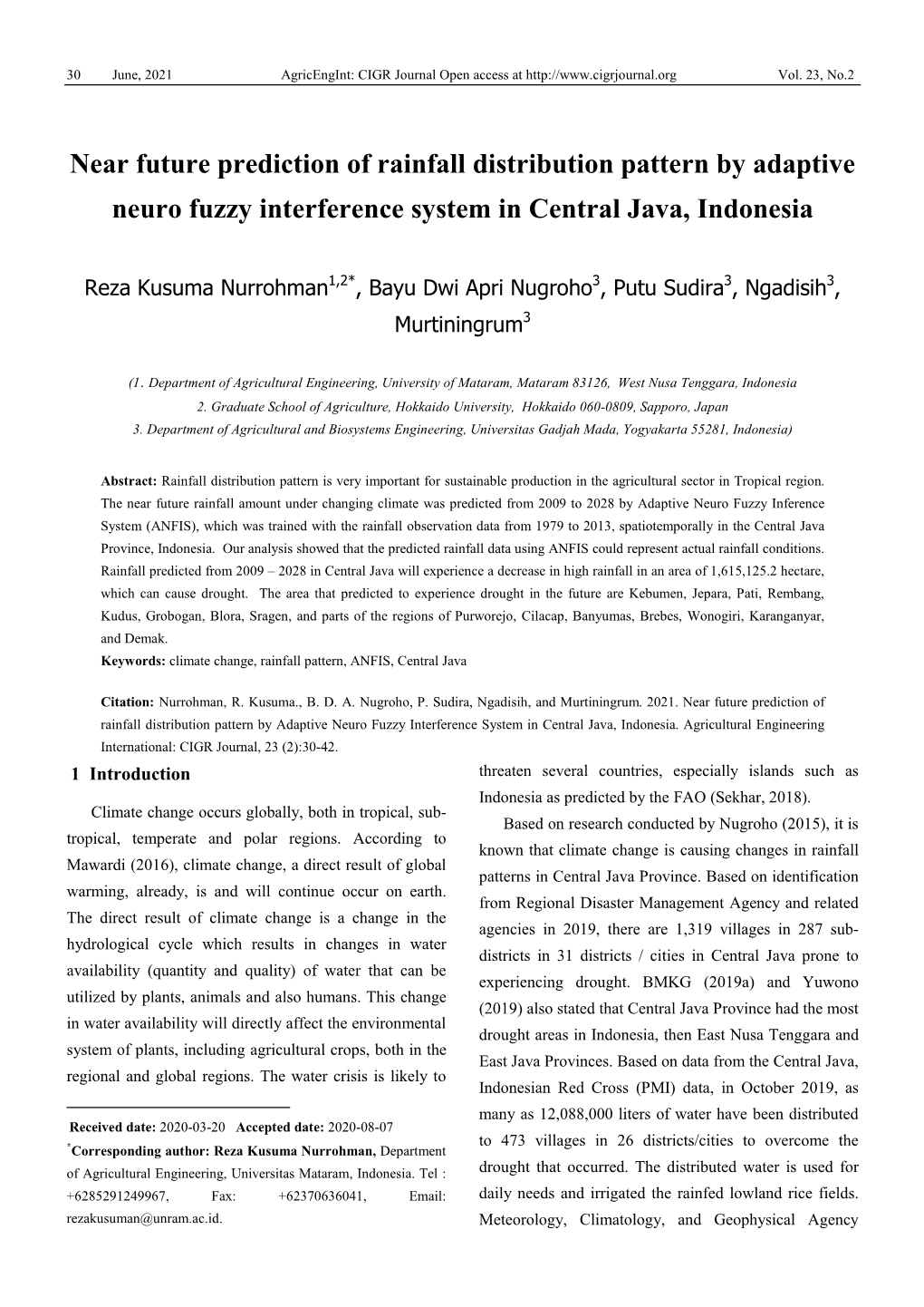 Near Future Prediction of Rainfall Distribution Pattern by Adaptive Neuro Fuzzy Interference System in Central Java, Indonesia