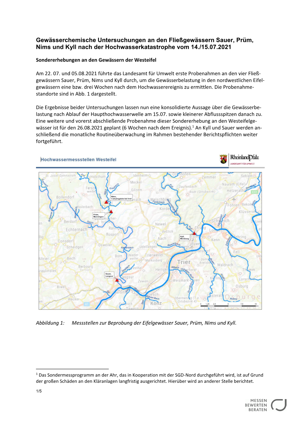 Gewässerchemische Untersuchungen an Den Fließgewässern Sauer, Prüm, Nims Und Kyll Nach Der Hochwasserkatastrophe Vom 14./15.07.2021