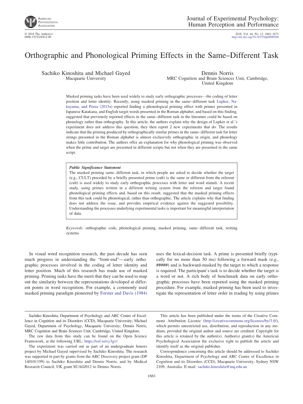 Orthographic and Phonological Priming Effects in the Same–Different Task