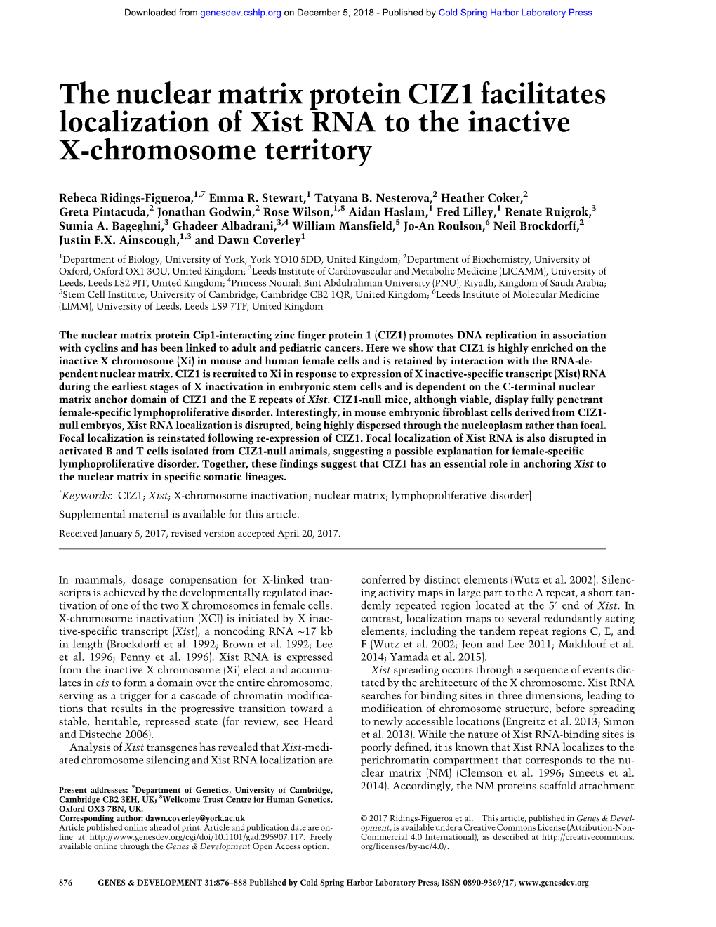 The Nuclear Matrix Protein CIZ1 Facilitates Localization of Xist RNA to the Inactive X-Chromosome Territory
