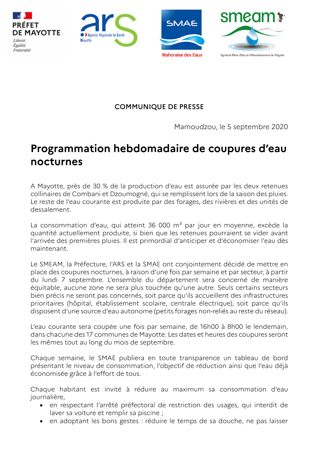 CP Programmation Hebdomadaire De Coupures D'eau Nocturnes