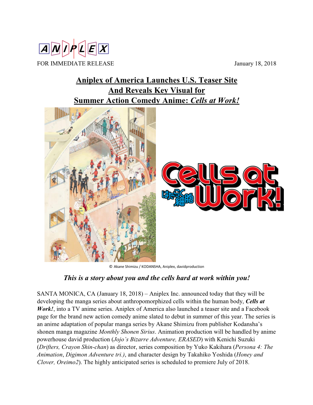 Aniplex of America Launches U.S. Teaser Site and Reveals Key Visual for Summer Action Comedy Anime: Cells at Work!