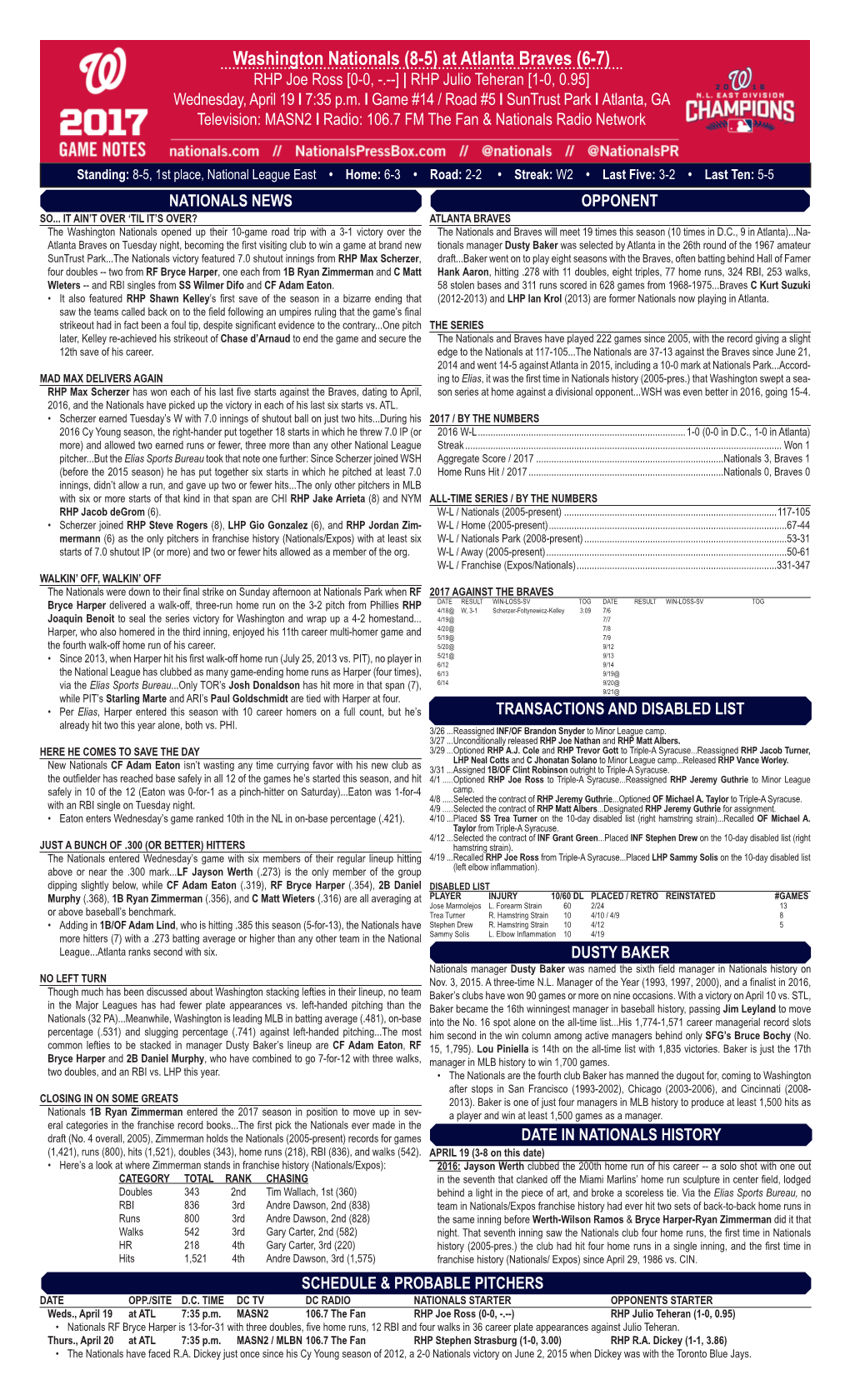 Washington Nationals (8-5) at Atlanta Braves (6-7) RHP Joe Ross [0-0, -.--] | RHP Julio Teheran [1-0, 0.95] Wednesday, April 19 L 7:35 P.M