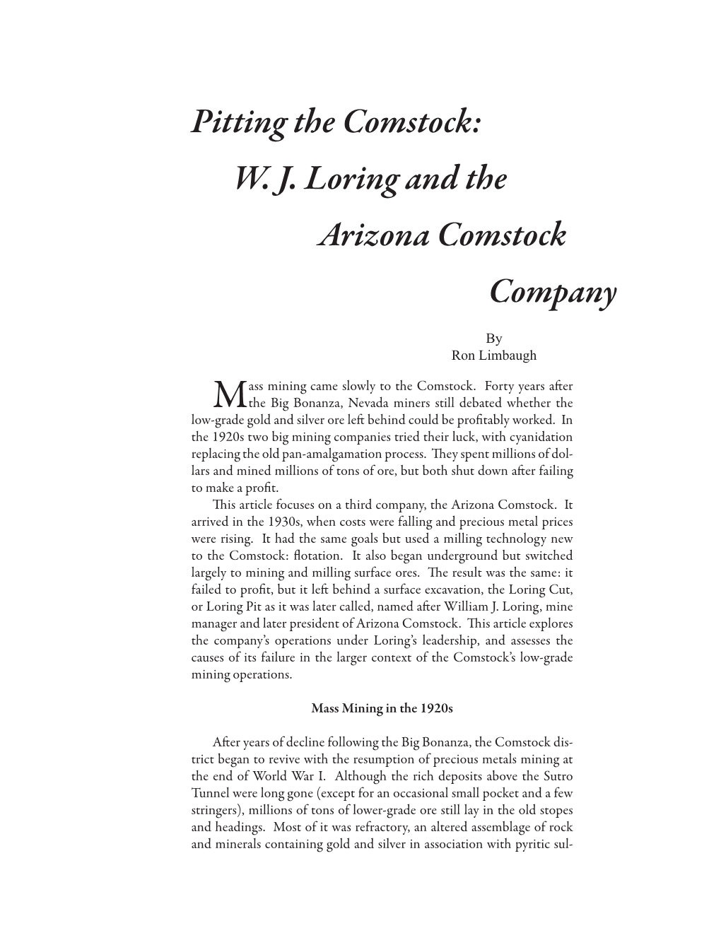 Pitting the Comstock: W. J. Loring and the Arizona Comstock Company