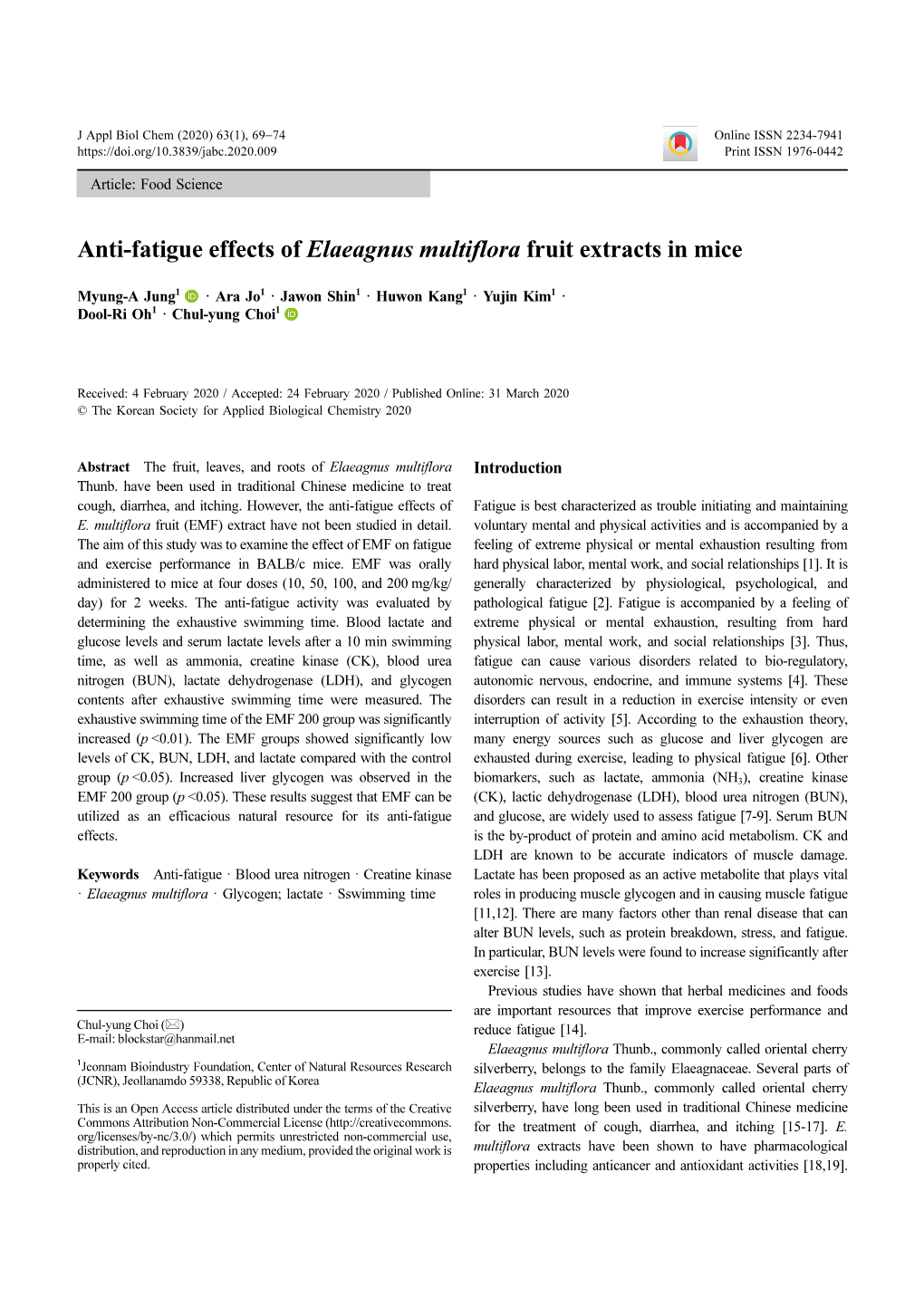 Anti-Fatigue Effects of Elaeagnus Multiflora Fruit Extracts in Mice