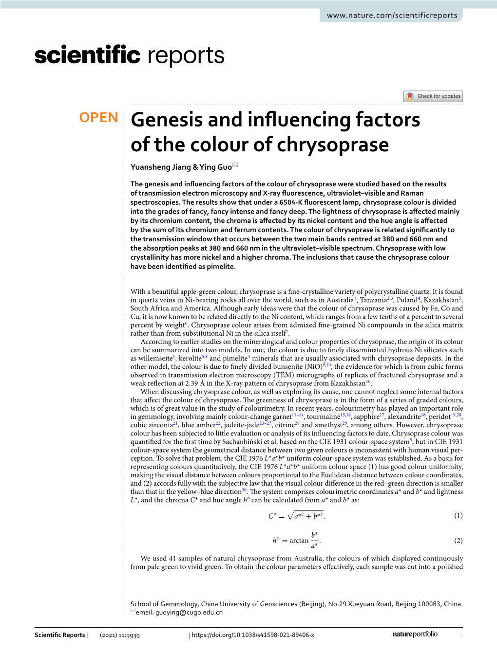 Genesis and Influencing Factors of the Colour of Chrysoprase