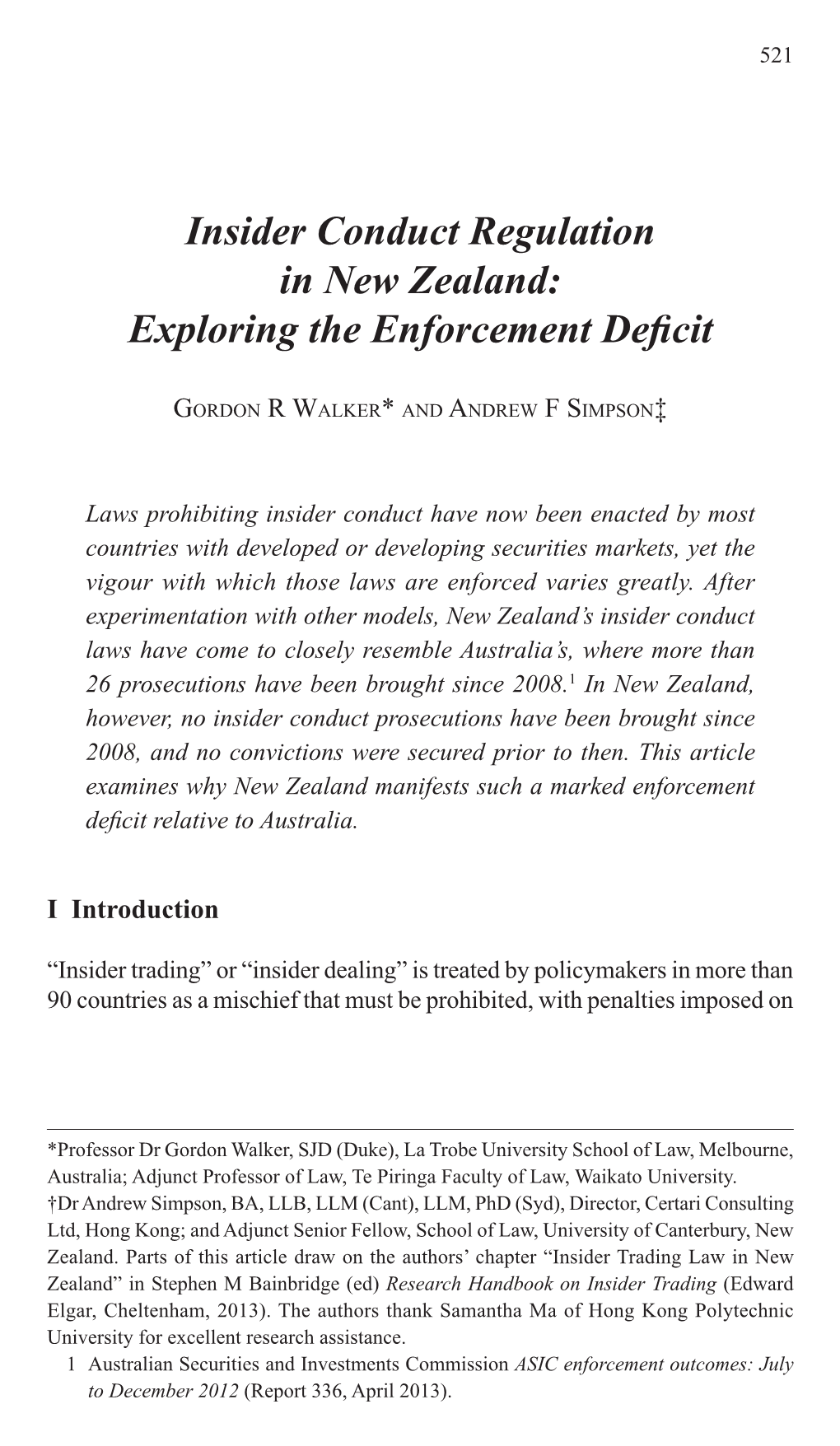 Insider Conduct Regulation in New Zealand: Exploring the Enforcement Deficit