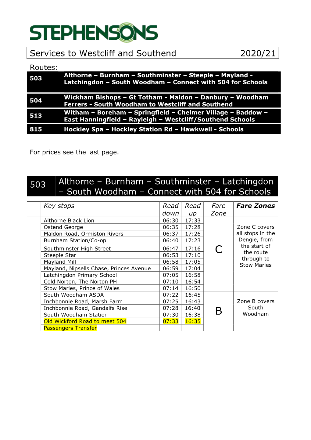 Services to Westcliff and Southend 2020/21 503 Althorne – Burnham