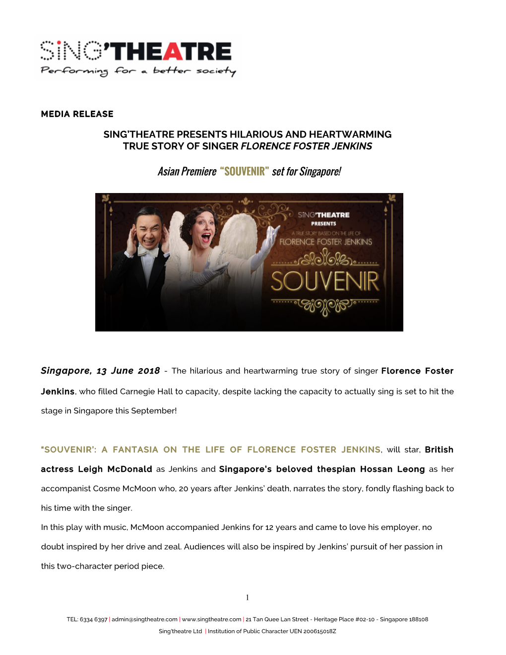 SING'theatre PRESENTS HILARIOUS and HEARTWARMING TRUE STORY of SINGER FLORENCE FOSTER JENKINS Asian Premiere “SOUVENIR”