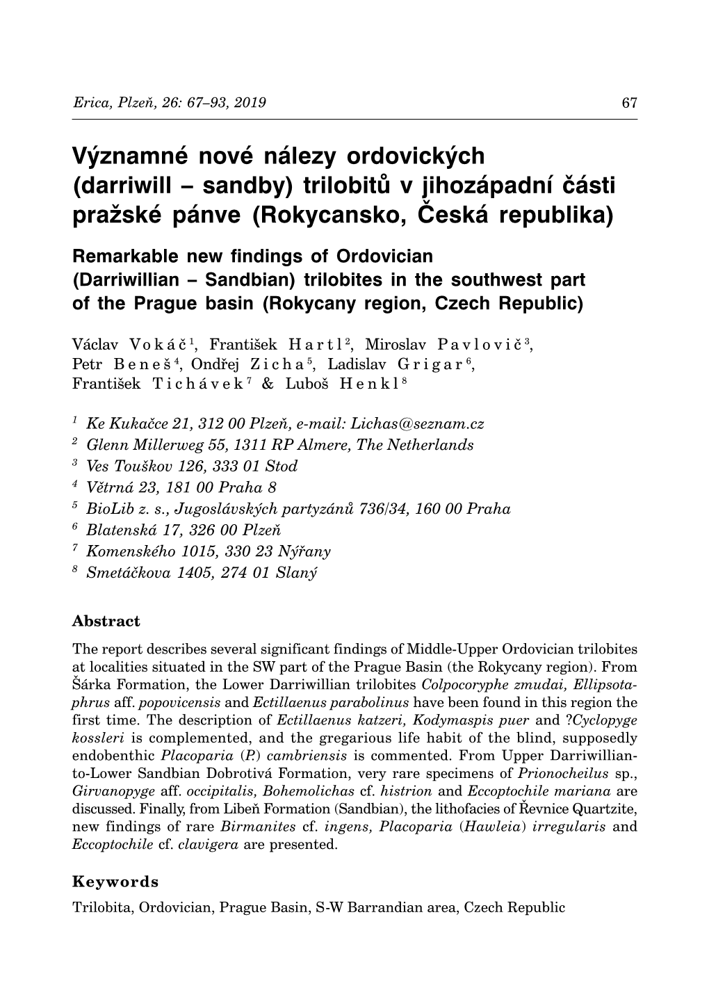Darriwill – Sandby) Trilobitů V Jihozápadní Části Pražské Pánve (Rokycansko, Česká Republika