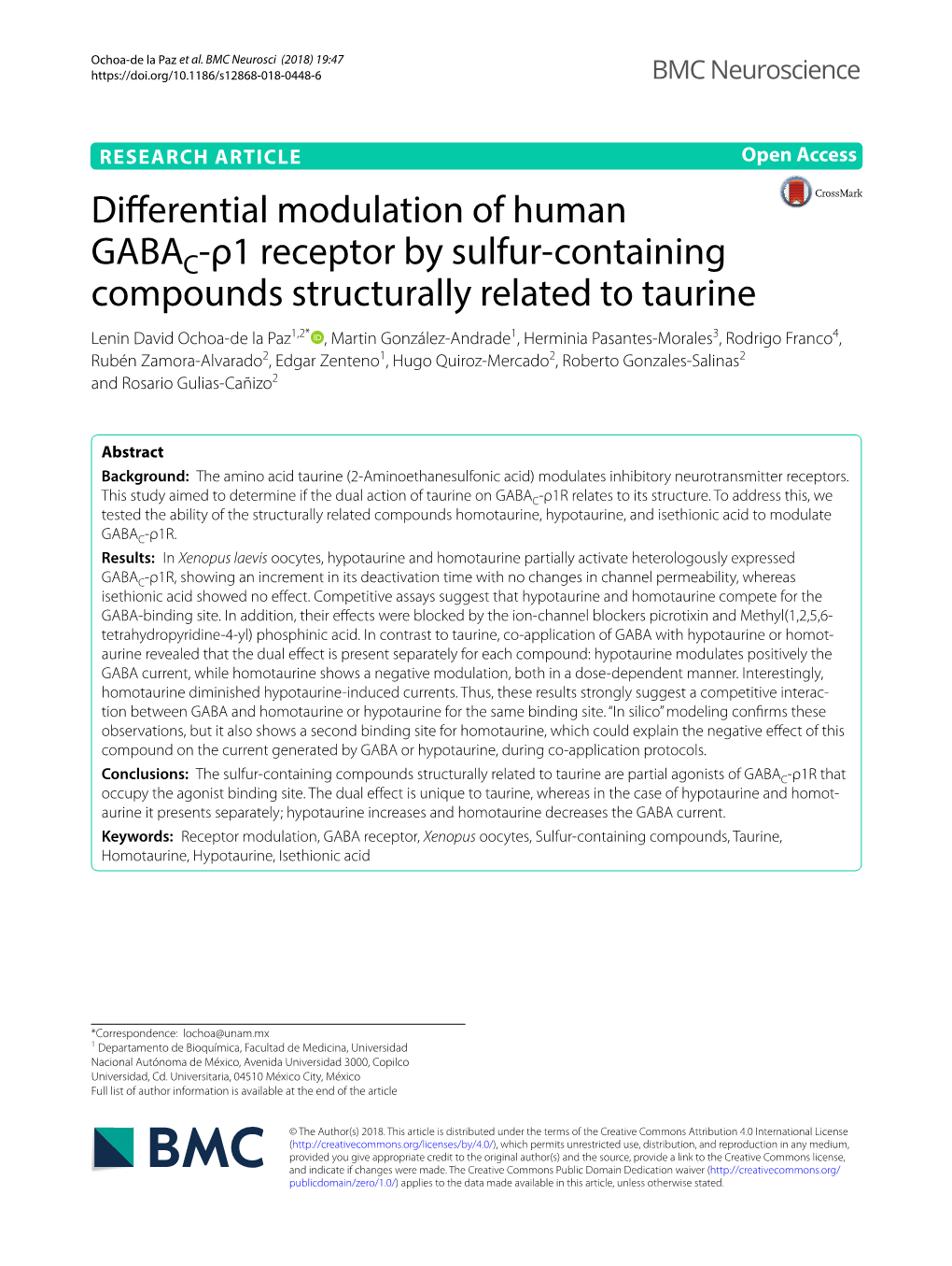 Differential Modulation of Human GABAC-Ρ1 Receptor by Sulfur