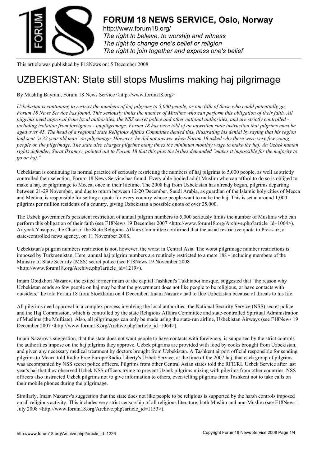 UZBEKISTAN: State Still Stops Muslims Making Haj Pilgrimage